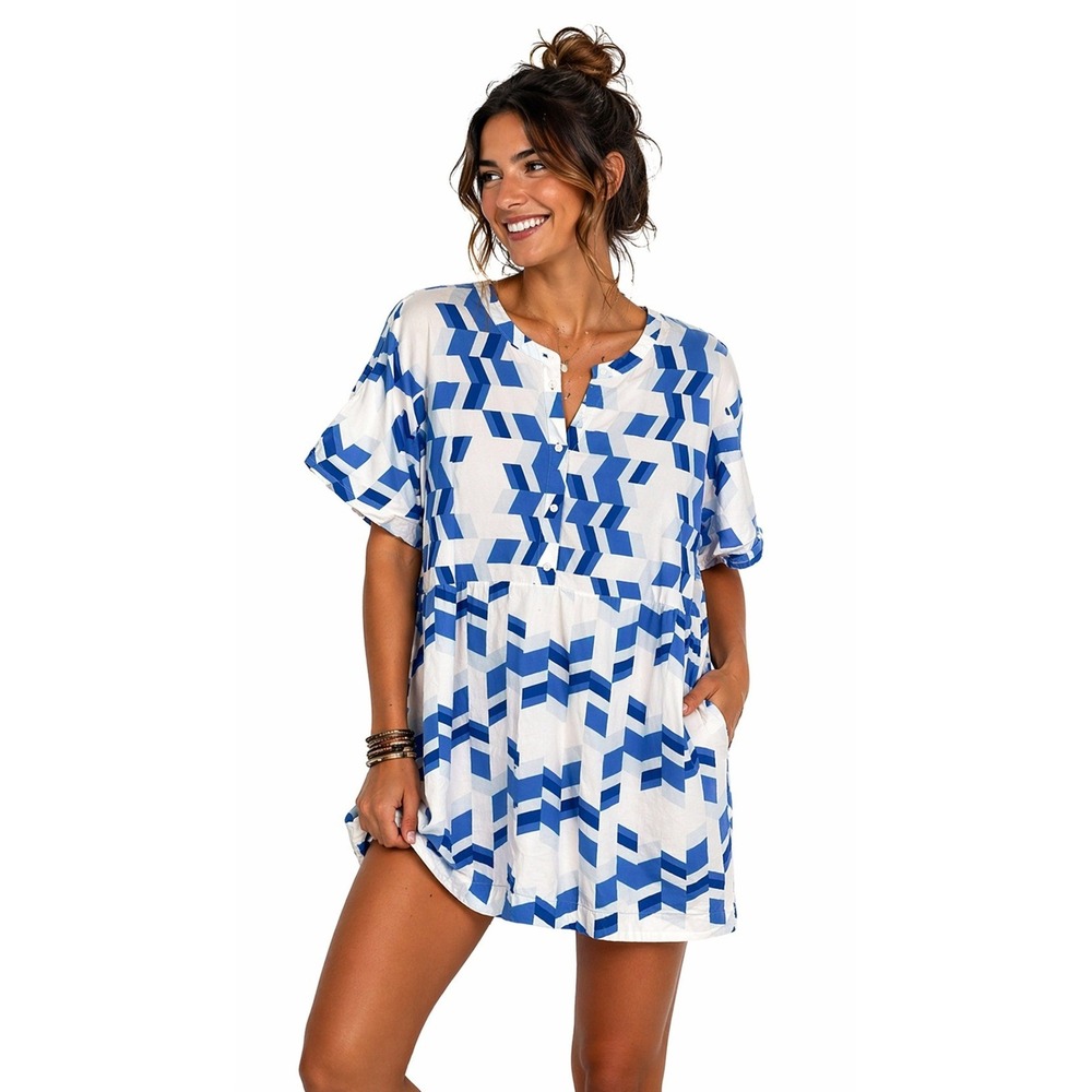 Peter Som Anthropologie Cressida Tunic Dress Blue White Geometric Mini 3XL